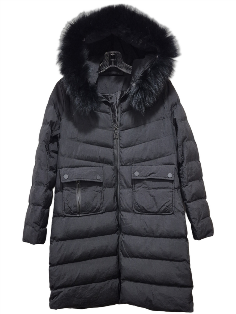 EVA BRAUN Black Mid-Length Puffer Coat Fur Hood Size LL / F